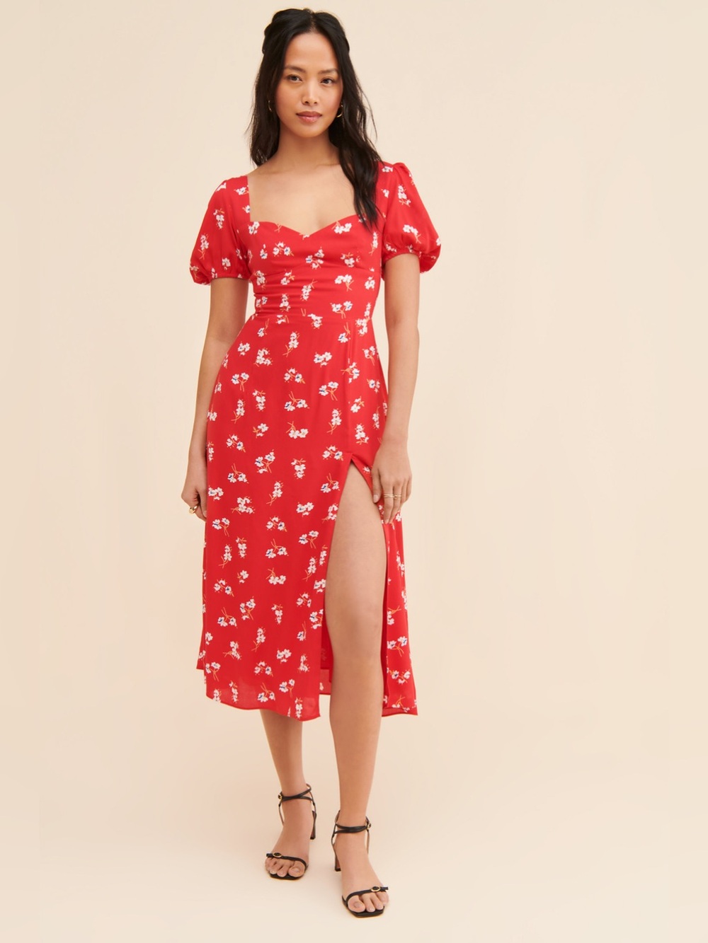Bardot Gillian Red Floral Puff-Sleeve Midi Dress Size 12